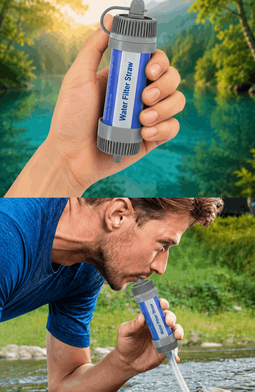 Man drinking using Survival Sip Water Filter